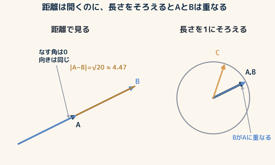 左ではAとBの距離は離れているが、角度は0。右で長さを1に正規化すると、AとBは同じ点に重なり、Cだけが別の向きに残る。